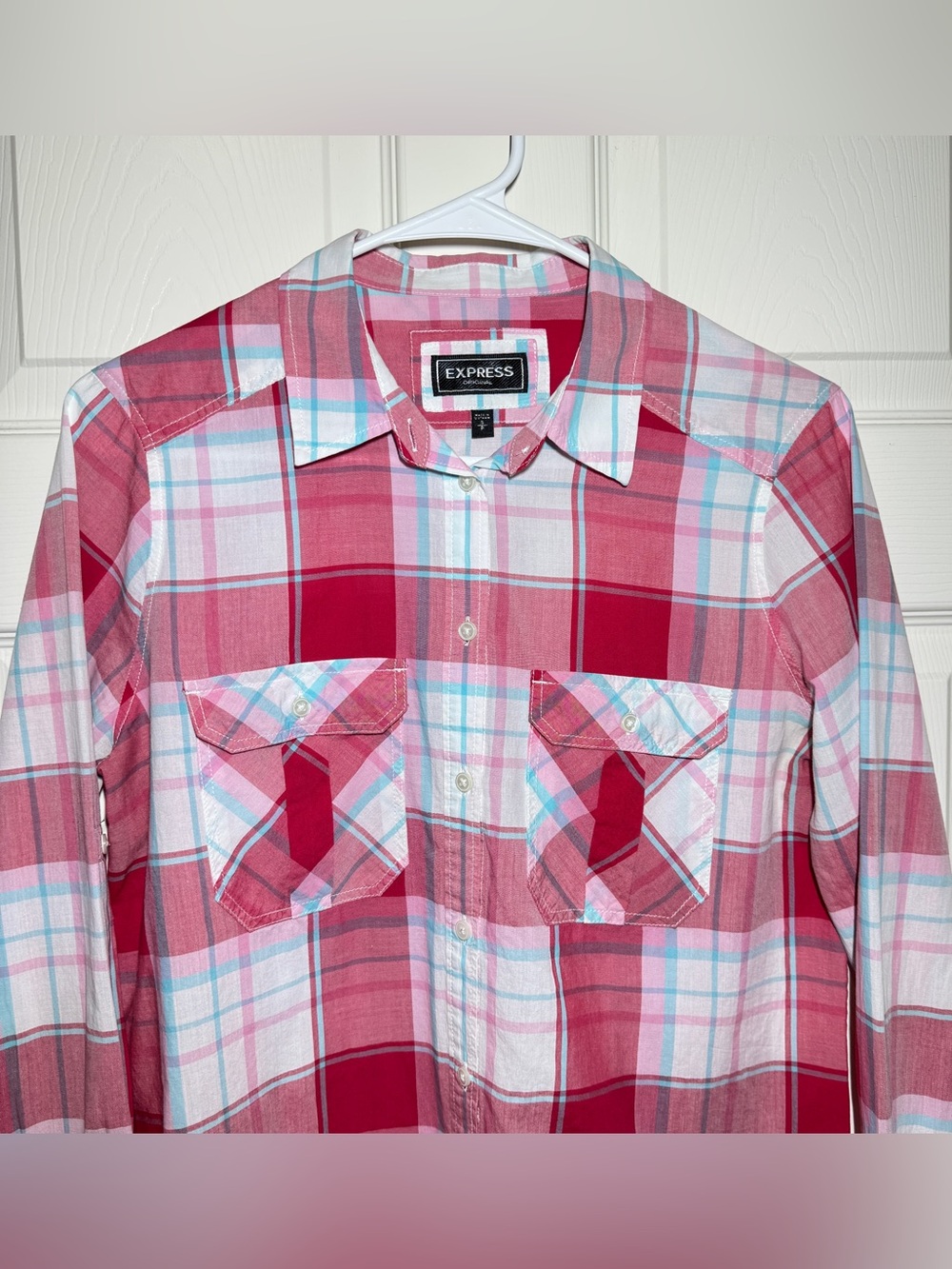 Express Women’s Pink and Red Plaid Button-Down Shirt Rolled Tab S